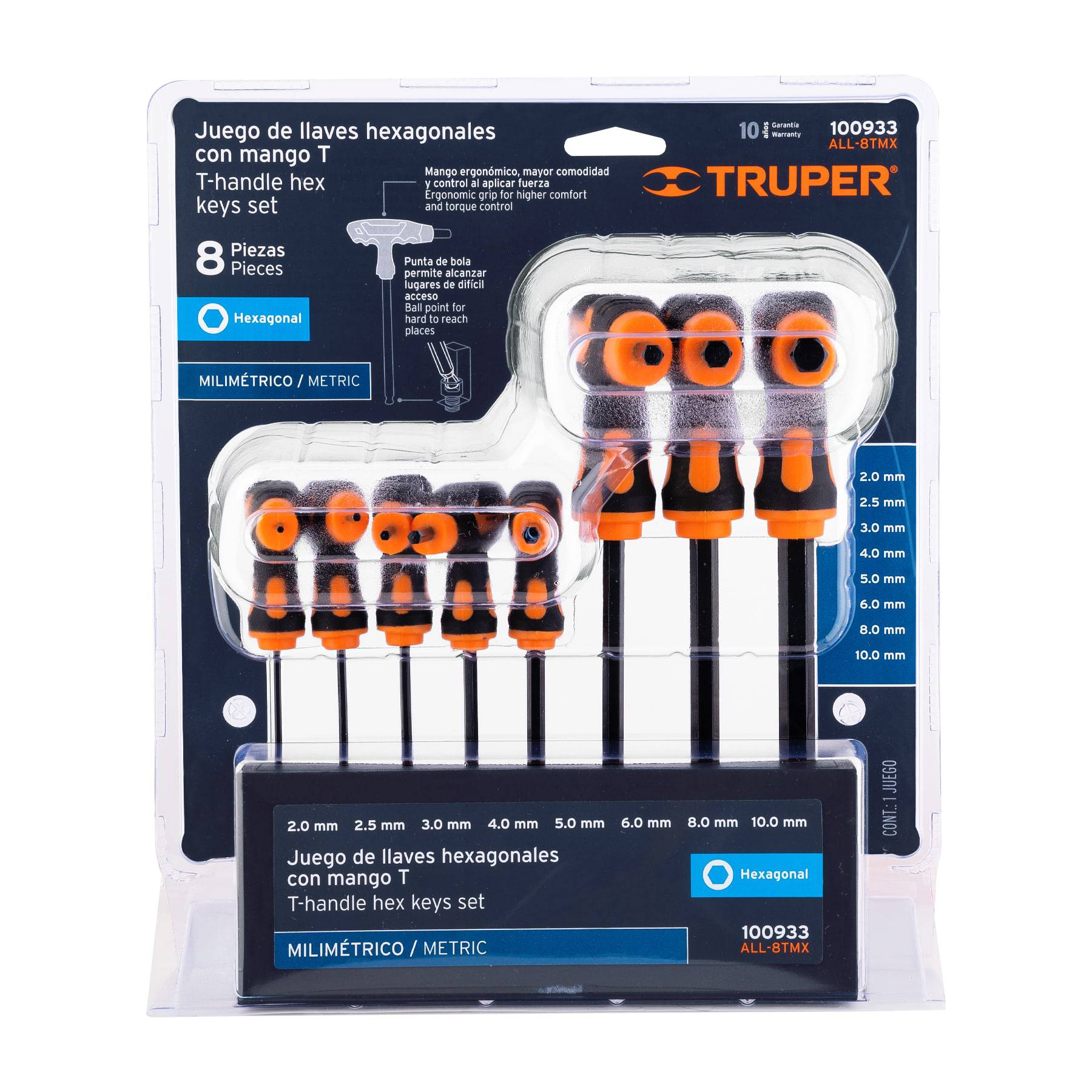Juego de 8 Llaves Allen Mango T Truper Acero al Cromo Vanadio 2 a 10 mm