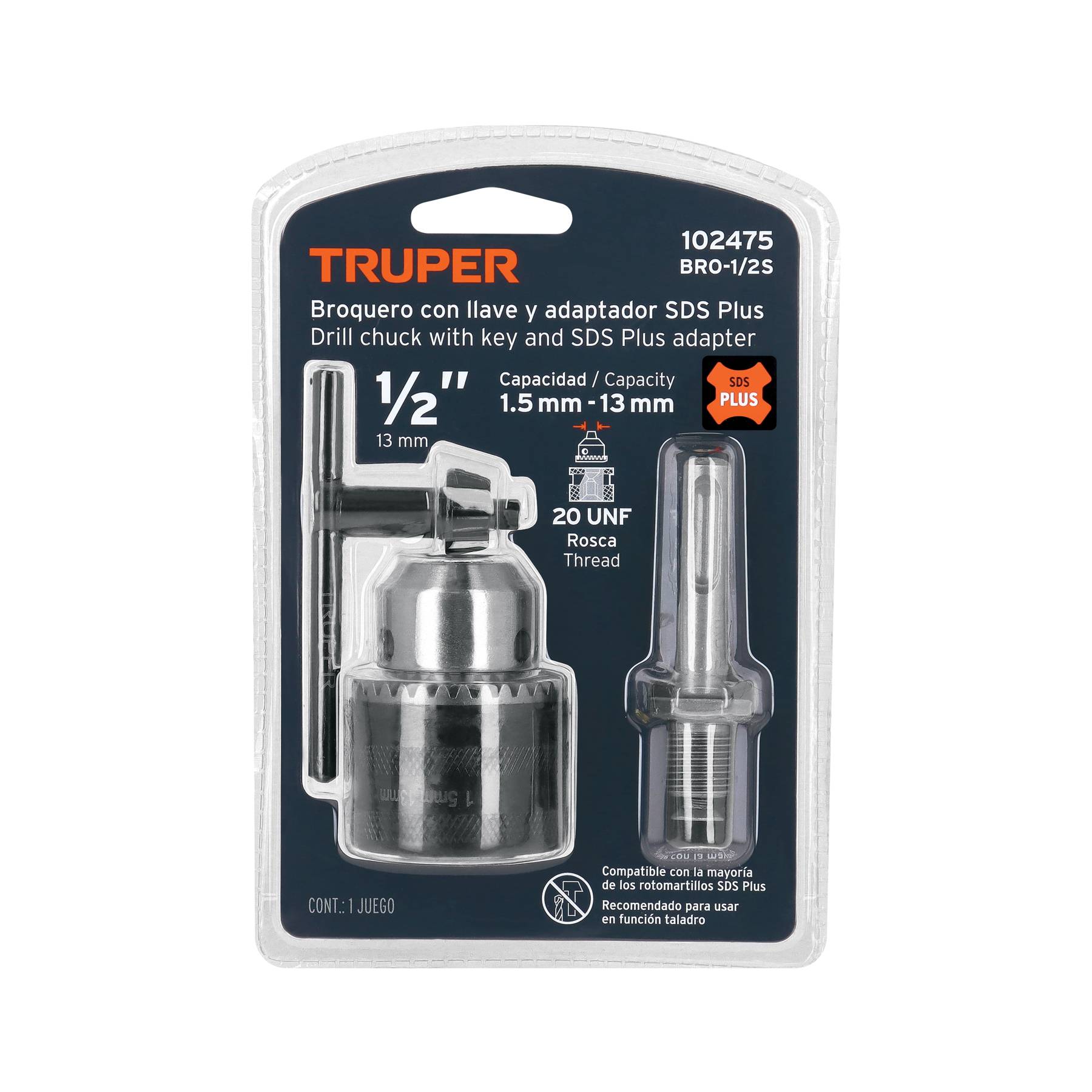 Mandril 1/2 con Llave y Adaptador SDS Plus Truper BRO-1/2S Metal 1.5-13 mm