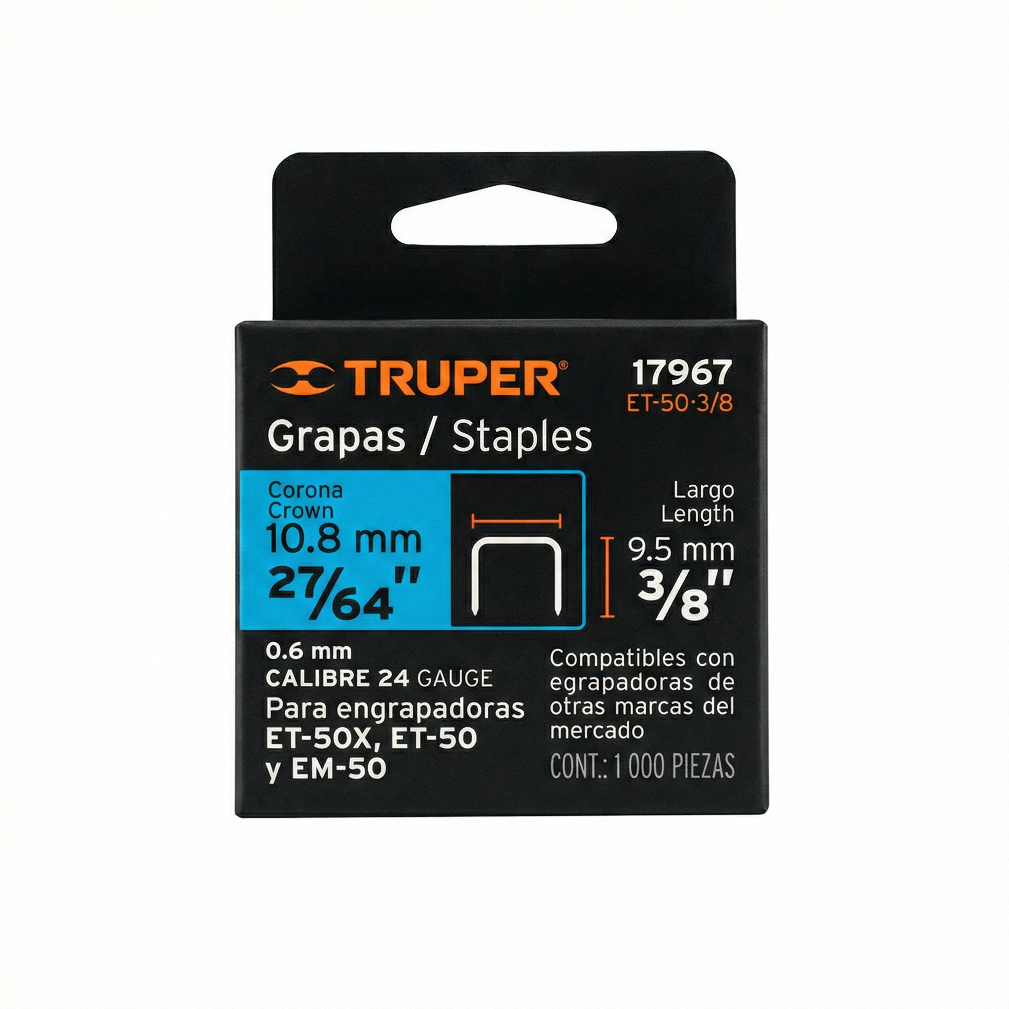 Grapas Truper de 3/8" para Engrapadora ET-50, 1000 Piezas (Modelo 17967)